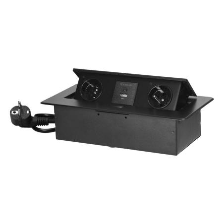 Gniazdo meblowe wpuszczane w blat czarne, 2x230V typ E, USB-A + USB-C 3,6A, kabel 1,5 m, klapka uchylna