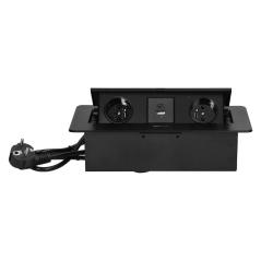 Gniazdo meblowe wpuszczane w blat czarne, 2x230V typ E, USB-A + USB-C 3,6A, kabel 1,5 m, klapka uchylna