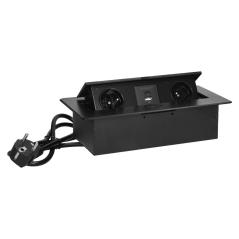 Gniazdo meblowe wpuszczane w blat czarne, 2x230V typ E, USB-A + USB-C 3,6A, kabel 1,5 m, klapka uchylna