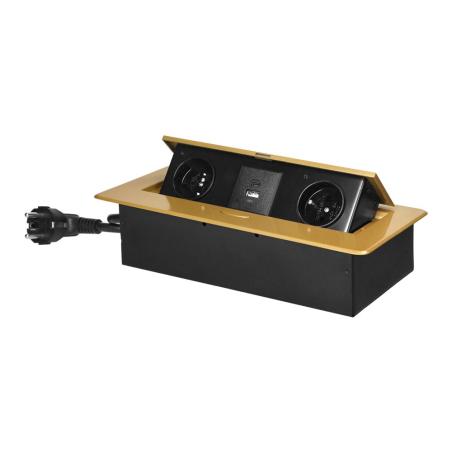Gniazdo meblowe wpuszczane w blat, uchylne, 2x230V typ E, USB-A/USB-C 3,6A, kabel 1,5 m, złote