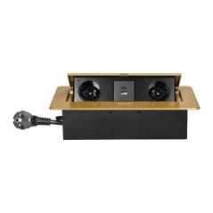 Gniazdo meblowe wpuszczane w blat, uchylne, 2x230V typ E, USB-A/USB-C 3,6A, kabel 1,5 m, złote