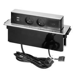 Wysuwane gniazdo meblowe INOX 2x230V typ E, 2xUSB-A 2,4A, HDMI, kabel 2 m, czarno-srebrne