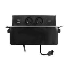Wysuwane gniazdo meblowe INOX 2x230V typ E, 2xUSB-A 2,4A, HDMI, kabel 2 m, czarno-srebrne