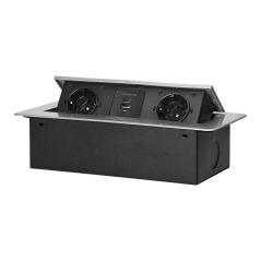 Gniazdo meblowe wpuszczane w blat z klapką, 2x Schuko + USB-A/USB-C 3,6A, srebrne, 3680W, IP20