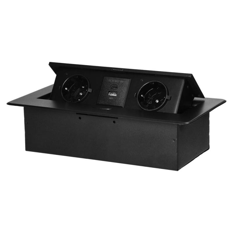 Gniazdo meblowe wpuszczane w blat z klapką, 2x Schuko, USB-A + USB-C 3,6A, czarne IP20 Gniazdo meblowe wpuszczane w blat z klapką, 2x Schuko, USB-A + USB-C 3,6A, czarne IP20