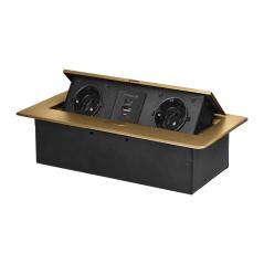 Gniazdo meblowe wpuszczane w blat z klapką, 2x Schuko + USB-A/USB-C 3,6A, złote, IP20
