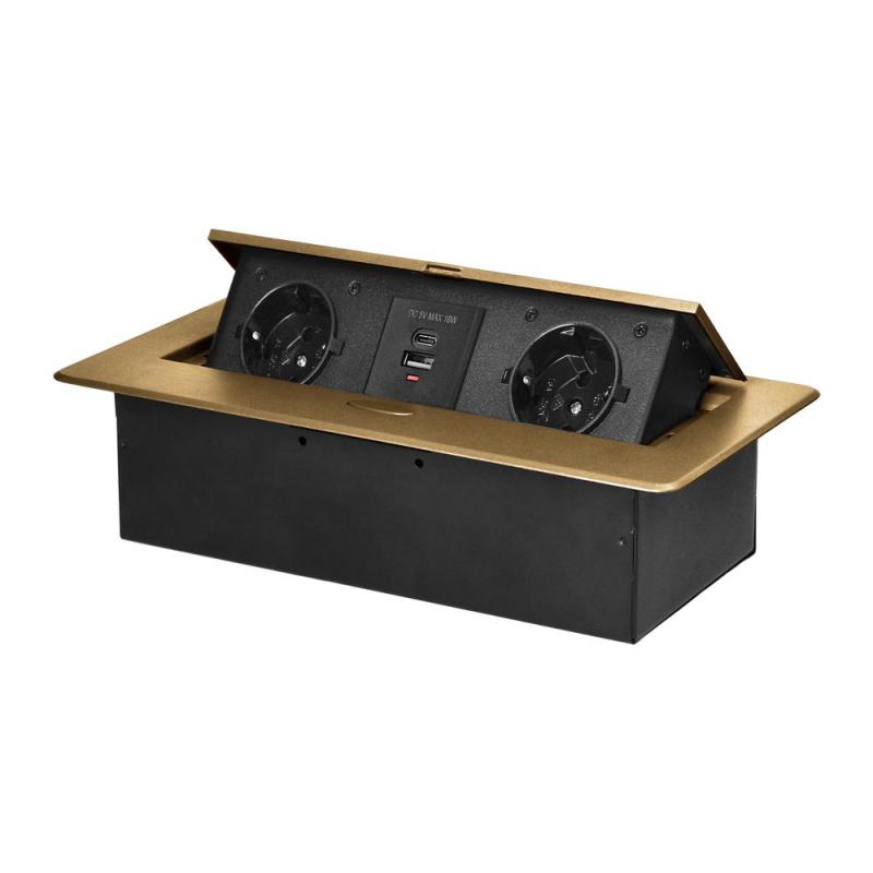 Gniazdo meblowe wpuszczane w blat z klapką, 2x Schuko + USB-A/USB-C 3,6A, złote, IP20 Gniazdo meblowe wpuszczane w blat z klapką, 2x Schuko + USB-A/USB-C 3,6A, złote, IP20