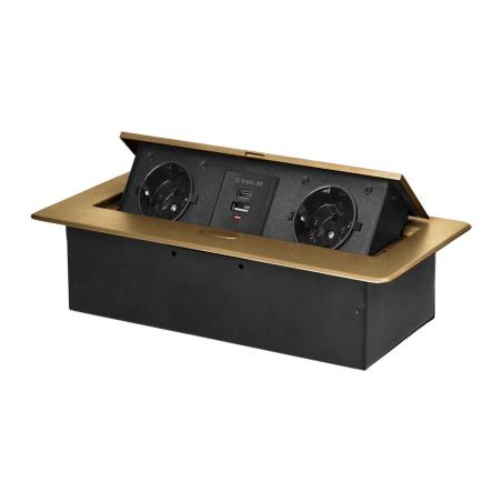 Gniazdo meblowe wpuszczane w blat z klapką, 2x Schuko + USB-A/USB-C 3,6A, złote, IP20