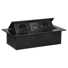Gniazdo meblowe wpuszczane w blat z klapką, 2x Schuko, USB-A + USB-C 3,6A, czarne IP20