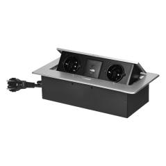 Gniazdo meblowe wpuszczane w blat 2x Schuko + 2x USB (A+C, 3,6A), kabel 1,5 m, srebrne