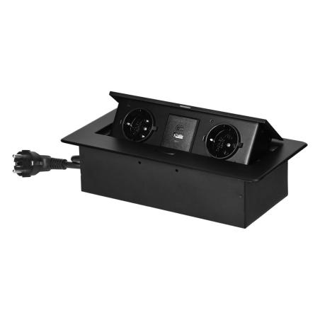 Gniazdo meblowe wpuszczane w blat z klapką, 2x Schuko, 2x USB (A+C 3,6A), kabel 1,5 m, czarne