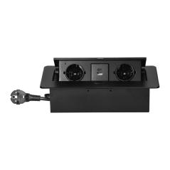 Gniazdo meblowe wpuszczane w blat z klapką, 2x Schuko, 2x USB (A+C 3,6A), kabel 1,5 m, czarne