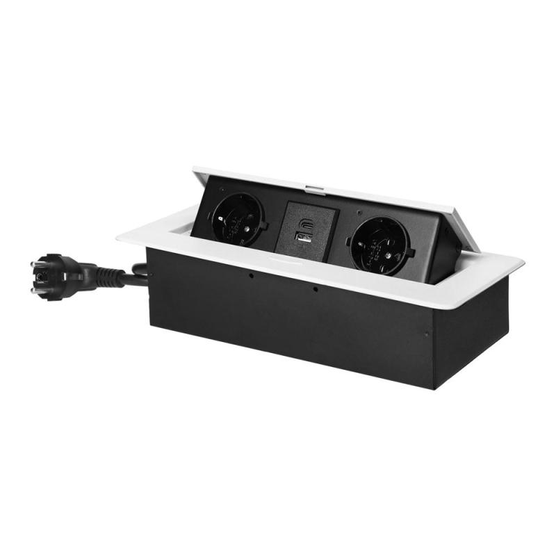 Gniazdo meblowe wpuszczane w blat z klapką, 2x Schuko, 2x USB (A+C 3,6A), kabel 1,5 m, białe Gniazdo meblowe wpuszczane w blat z klapką, 2x Schuko, 2x USB (A+C 3,6A), kabel 1,5 m, białe