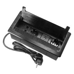 Gniazdo meblowe wpuszczane w blat czarne 2x Schuko, 2x USB A+C 3,6A, 2x RJ45, kabel 1,5 m, szczotka