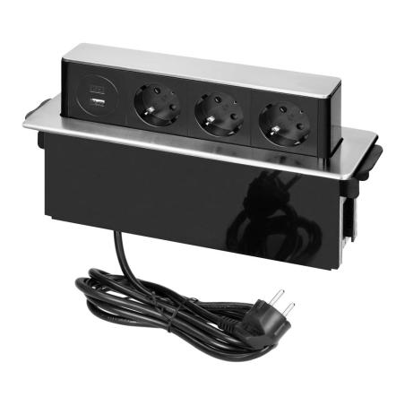 Wysuwane gniazdo meblowe do blatu 3x Schuko + USB-A/USB-C PD 20W, przewód 2 m, INOX