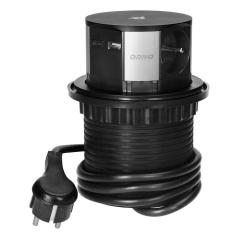 Wysuwane gniazdo meblowe Ø10 cm do blatu: 3x230V, USB-A+C QC 3.0, ładowarka Qi 10W, kabel 1,5 m