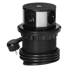 Wysuwane gniazdo meblowe Ø10 cm do blatu: 3x230V, USB-A+C QC 3.0, ładowarka Qi 10W, kabel 1,5 m
