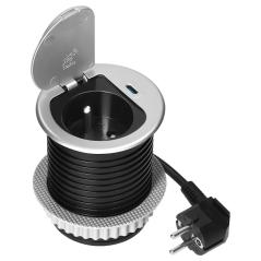 Gniazdo meblowe wpuszczane Ø60 mm z klapką, 1x French 230V + USB-C PD 20W, przewód 1,9 m, srebrne