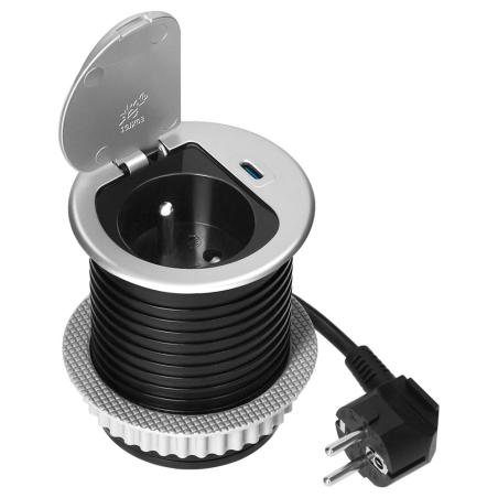 Gniazdo meblowe wpuszczane Ø60 mm z klapką, 1x French 230V + USB-C PD 20W, przewód 1,9 m, srebrne