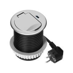 Gniazdo meblowe wpuszczane Ø60 mm z klapką, 1x French 230V + USB-C PD 20W, przewód 1,9 m, srebrne