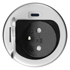 Gniazdo meblowe wpuszczane Ø60 mm z klapką, 1x French 230V + USB-C PD 20W, przewód 1,9 m, srebrne