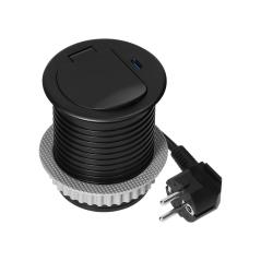 Gniazdo meblowe wpuszczane Ø60 mm z pokrywką: 1x French (E) + USB-C PD 20W, kabel 1,9 m, czarne