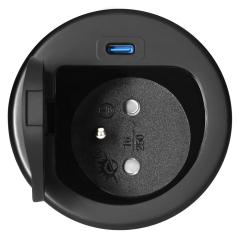 Gniazdo meblowe wpuszczane Ø60 mm z pokrywką: 1x French (E) + USB-C PD 20W, kabel 1,9 m, czarne