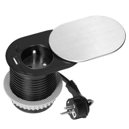 Gniazdo meblowe wpuszczane Ø60 mm z pokrywką, 1x French 2P+Z, 2x USB-A/USB-C PD 20W, 1,9 m, srebrne
