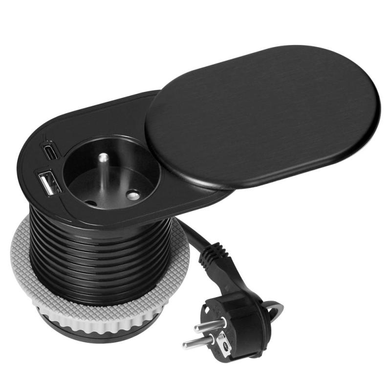 Gniazdo meblowe wpuszczane Ø60 mm, 1x French, USB-A + USB-C PD 20W, przesuwna pokrywka, kabel 1,9 m, czarne Gniazdo meblowe wpuszczane Ø60 mm, 1x French, USB-A + USB-C PD 20W, przesuwna pokrywka, kabel 1,9 m, czarne