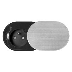 Gniazdo meblowe wpuszczane Ø60 mm z pokrywką, 1x French 2P+Z, 2x USB-A/USB-C PD 20W, 1,9 m, srebrne