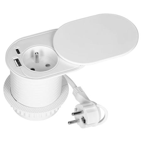 Gniazdo meblowe wpuszczane Ø60 mm z pokrywą przesuwną, 1x Typ E, USB-A + USB-C PD 20W, przewód 1,9 m, białe