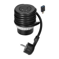 Gniazdo meblowe wpuszczane Ø63 mm EasyEject 230V + USB-C QC 3.0 z przejściówką C-A, czarne, przewód 1,5 m