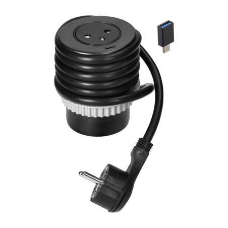 Gniazdo meblowe wpuszczane Ø63 mm EasyEject 230V + USB-C QC 3.0 z przejściówką C-A, czarne, przewód 1,5 m