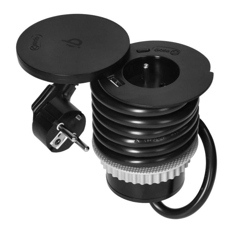 Gniazdo meblowe okrągłe Ø80 mm z obrotową pokrywą i ładowarką Qi 10W, 1x230V, USB-A/USB-C, czarne, 1,5 m Gniazdo meblowe okrągłe Ø80 mm z obrotową pokrywą i ładowarką Qi 10W, 1x230V, USB-A/USB-C, czarne, 1,5 m