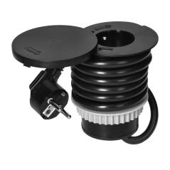 Gniazdo meblowe okrągłe Ø80 mm z obrotową pokrywą i ładowarką Qi 10W, 1x230V, USB-A/USB-C, czarne, 1,5 m