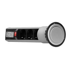 Wpuszczane gniazdo meblowe wysuwane Ø60 mm z blokadą, 3x Schuko 230V, przewód 1,8 m, srebrne IP20