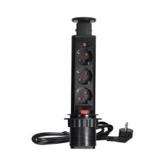 Gniazdo meblowe wpuszczane Ø6 cm, wysuwane z blokadą, 3x Schuko 230V, przewód 1,8 m, czarne