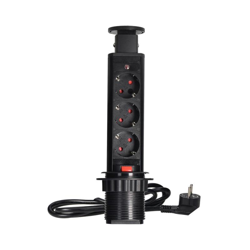 Gniazdo meblowe wpuszczane Ø6 cm, wysuwane z blokadą, 3x Schuko 230V, przewód 1,8 m, czarne Gniazdo meblowe wpuszczane Ø6 cm, wysuwane z blokadą, 3x Schuko 230V, przewód 1,8 m, czarne
