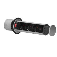 Wpuszczane gniazdo meblowe wysuwane Ø60 mm z blokadą, 3x Schuko 230V, przewód 1,8 m, srebrne IP20