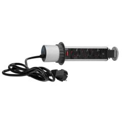 Wpuszczane gniazdo meblowe wysuwane Ø60 mm z blokadą, 3x Schuko 230V, przewód 1,8 m, srebrne IP20