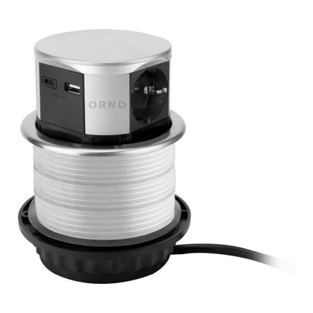Wysuwane gniazdo meblowe do blatu Ø10 cm, 3x Schuko, 2x USB-A/USB-C, przewód 1,5 m, srebrne