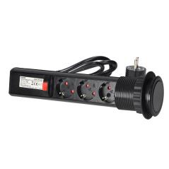 Gniazdo meblowe wpuszczane Ø6 cm, wysuwane z blokadą, 3x Schuko 230V, przewód 1,8 m, czarne