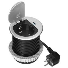 Gniazdo meblowe wpuszczane Ø60 mm z klapką: Schuko + USB-C PD 20W, kabel 1,9 m, srebrne