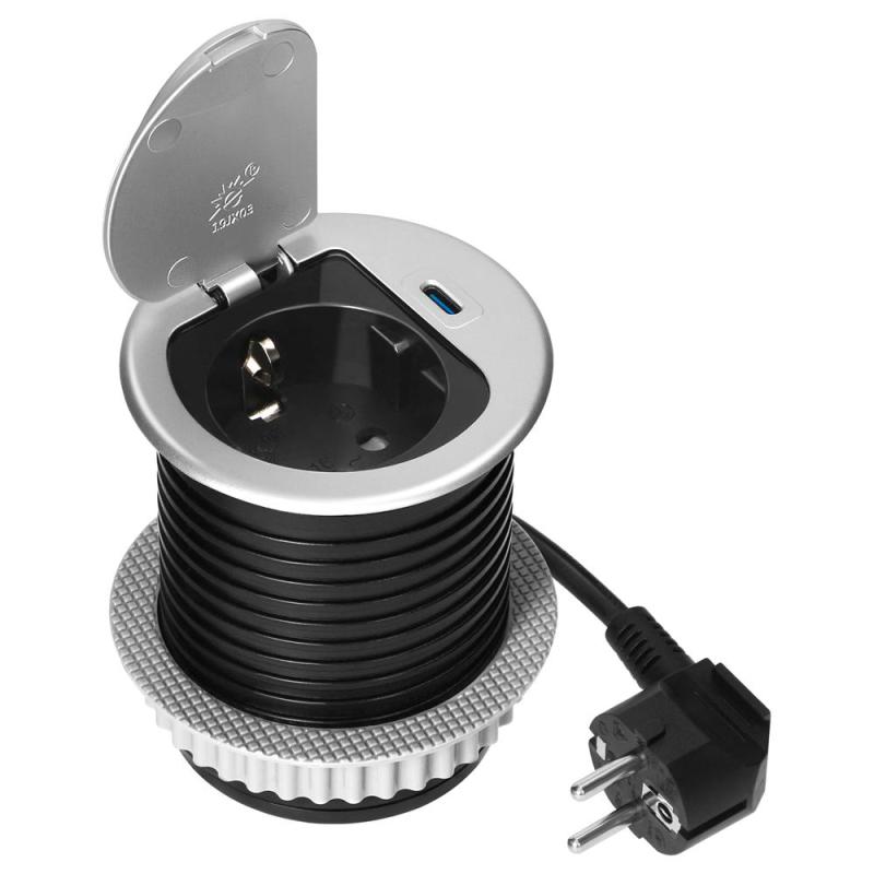 Gniazdo meblowe wpuszczane Ø60 mm z klapką: Schuko + USB-C PD 20W, kabel 1,9 m, srebrne Gniazdo meblowe wpuszczane Ø60 mm z klapką: Schuko + USB-C PD 20W, kabel 1,9 m, srebrne