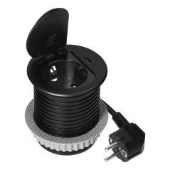 Gniazdo meblowe wpuszczane Ø60 mm z pokrywką, Schuko 3680W + USB-C PD 20W, przewód 1,9 m, czarne