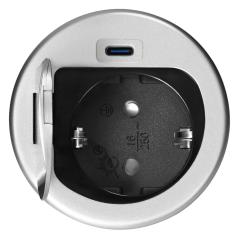 Gniazdo meblowe wpuszczane Ø60 mm z klapką: Schuko + USB-C PD 20W, kabel 1,9 m, srebrne