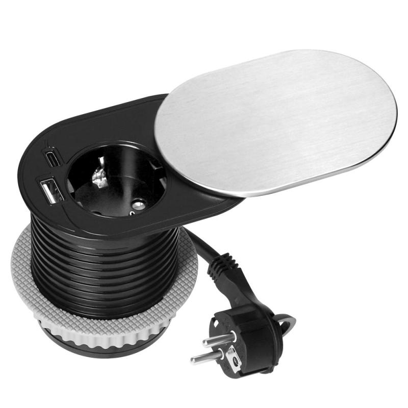 Gniazdo meblowe wpuszczane Ø60 mm Schuko + USB A/C PD 20W, przesuwna pokrywka, kabel 1,9 m, srebrne Gniazdo meblowe wpuszczane Ø60 mm Schuko + USB A/C PD 20W, przesuwna pokrywka, kabel 1,9 m, srebrne