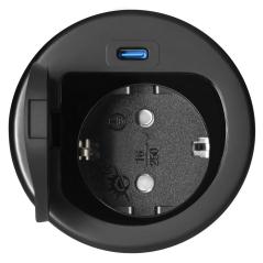 Gniazdo meblowe wpuszczane Ø60 mm z pokrywką, Schuko 3680W + USB-C PD 20W, przewód 1,9 m, czarne