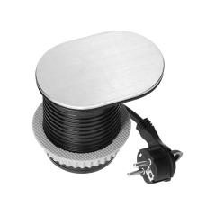 Gniazdo meblowe wpuszczane Ø60 mm Schuko + USB A/C PD 20W, przesuwna pokrywka, kabel 1,9 m, srebrne