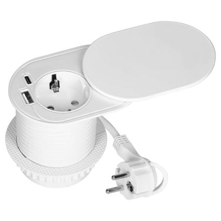 Gniazdo meblowe wpuszczane Ø64 mm białe, 1x Schuko, 2x USB A+C PD 20W, przewód 1,9 m, pokrywa przesuwna